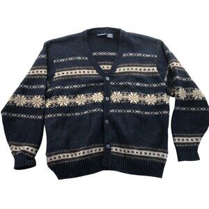 Puritan Men's Cardigan Sweater Medium Nordic Patterned Navy Blue V-Neck